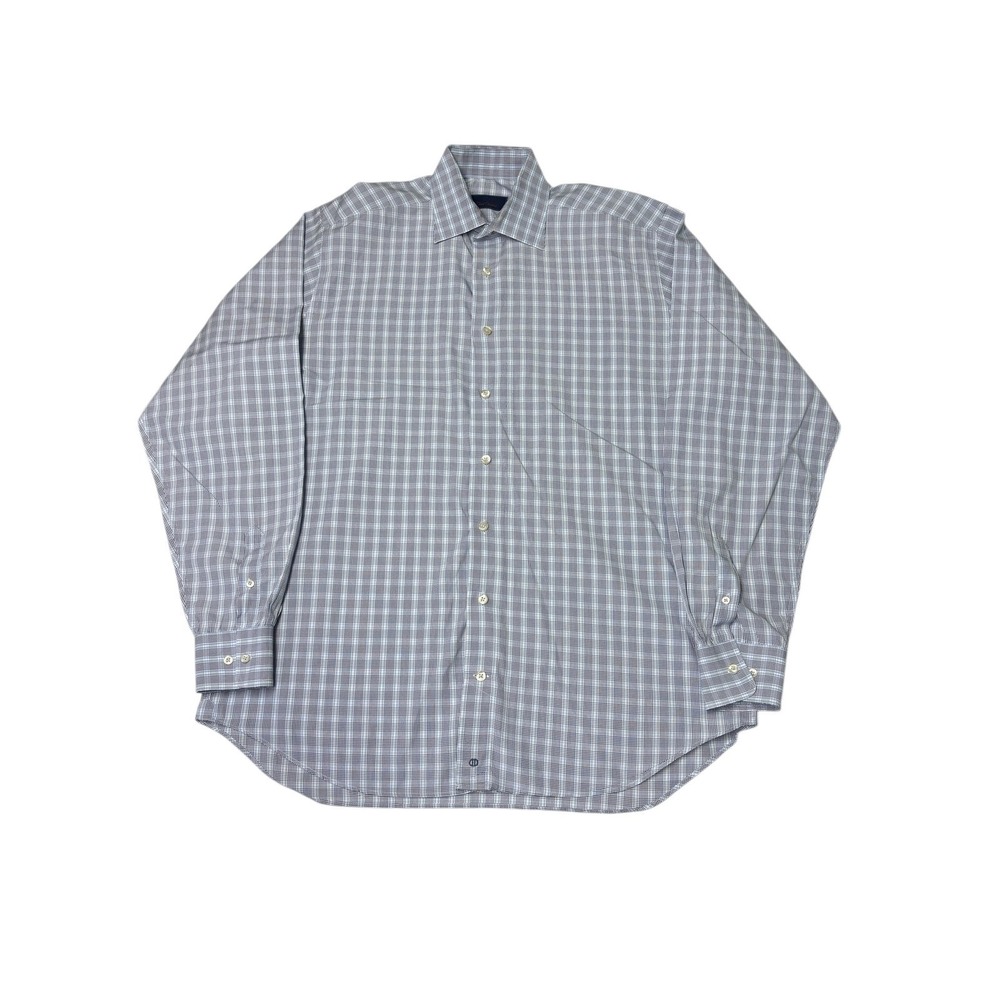 David Donahue Men's Dress Shirt Plaid 16.5 36 37 Cotton Blue White Button Down